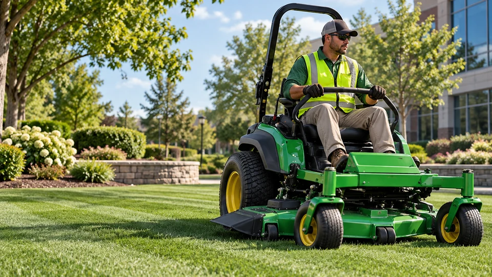 Landscaping operator mowing a commercial property